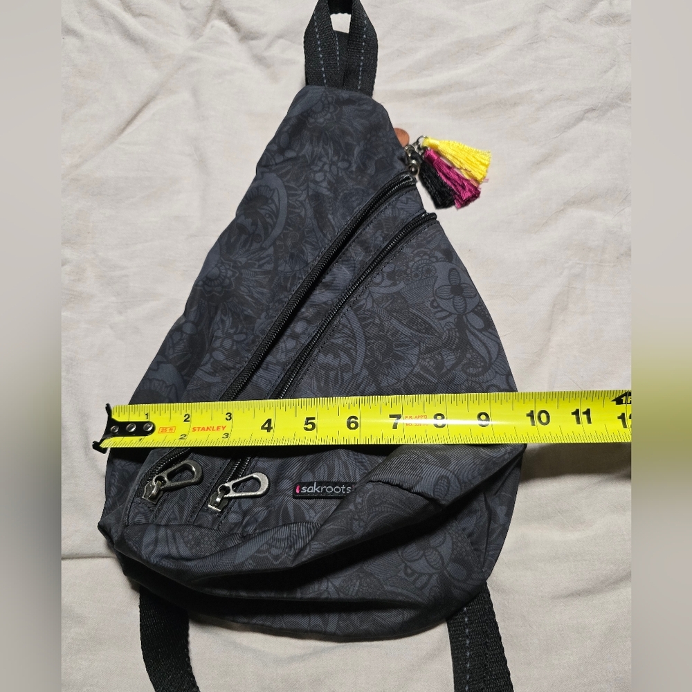 Sakroots Dark Gray Patterned Crossbody Sling Bag with Multicolor Tassel - Picture 7 of 7